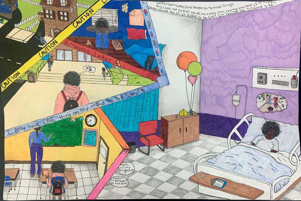 student drawing of kid in hospital bed thinking of what he is missing out on